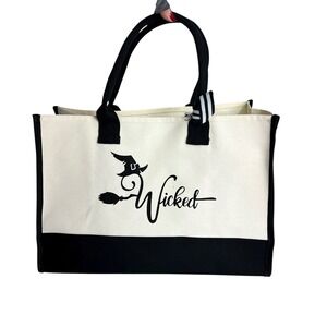 Wicked Witch‎ Canvas Tote Bag Black & Ivory Halloween Witch Broom Spell Book Bag